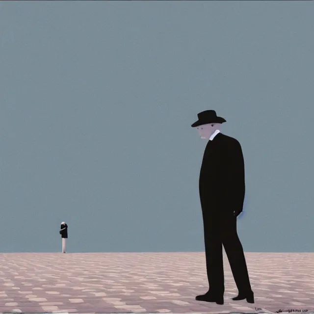 Prompt: faceless man in a nameless city, loneliness, isolation, alienation by rene magritte, in the style of magritte