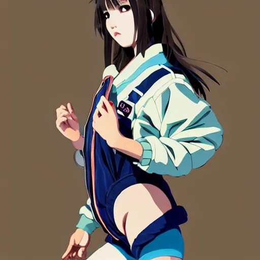 Image similar to a beautiful japanese natalie portman gravure model, wearing oversized native designer bomber jacket and leotard with overalls, bulky poofy bomber jacket with mesoamerican patterns, mesoamerican native street fashion, gapmoe yandere grimdark, trending on pixiv fanbox, painted by greg rutkowski makoto shinkai takashi takeuchi studio ghibli, akihiko yoshida