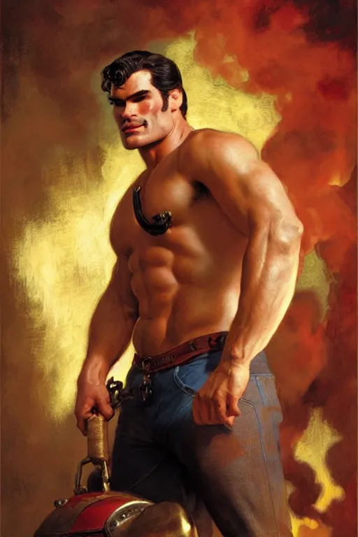 Prompt: henry caville as a muscular firefighter, tom of finland, gaston bussiere, craig mullins, j. c. leyendecker