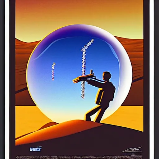 Prompt: poster big crystal in the desert, reflection from the crystal is sparkling due to sun, small starship near, futuristic, hi-tech details, style jean giraud