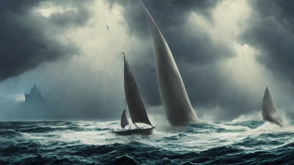 Prompt: small sail boat in the foreground. massive giant wet kitten coming out of a stormy sea, giant waves, sunbeams in background, intricate, detailed, volumetric lighting, sharp focus, scenery, photorealism, digital painting, highly detailed, concept art, by roger dean and ruan jia and steve mccurry