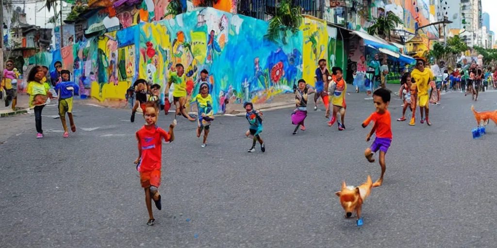 Prompt: A 6-year-old boy's colorful drawing of animals running through the streets of Rio de Janeiro