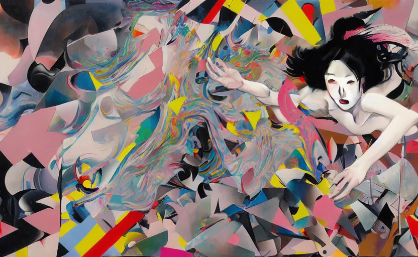 Prompt: decollage painting young japanese actress running from the pursue and struggling in a ruined city by adrian ghenie and takato yamamoto and edward hopper and mark ryden and tsutomu nihei, part by bridget riley, acrylic pour and splashing paint, very coherent, baroque elements, perfect anatomy, intricate design. pop art.