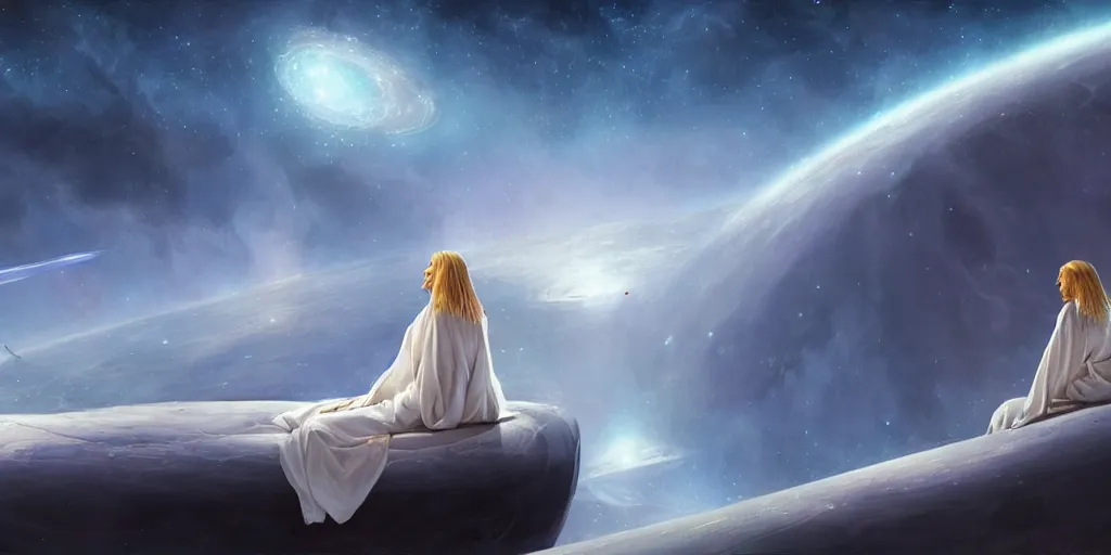 Image similar to pretty woman with blond hair and flowing white robes, sitting sad in spaceship, gazing at view of galaxy in space through a window, by jim burns, peter andrew jones, michael hutter, sharp digital painting. dreaming latent space. matte painting, concept art. artstation. digital render.