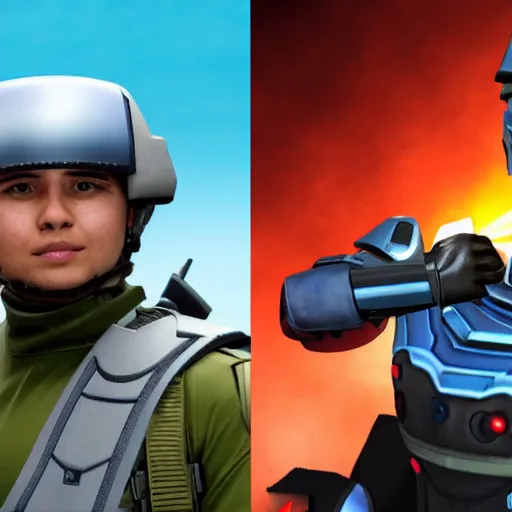 Image similar to a futuristic soldier captain with a metal visor and a blue shoulderpad