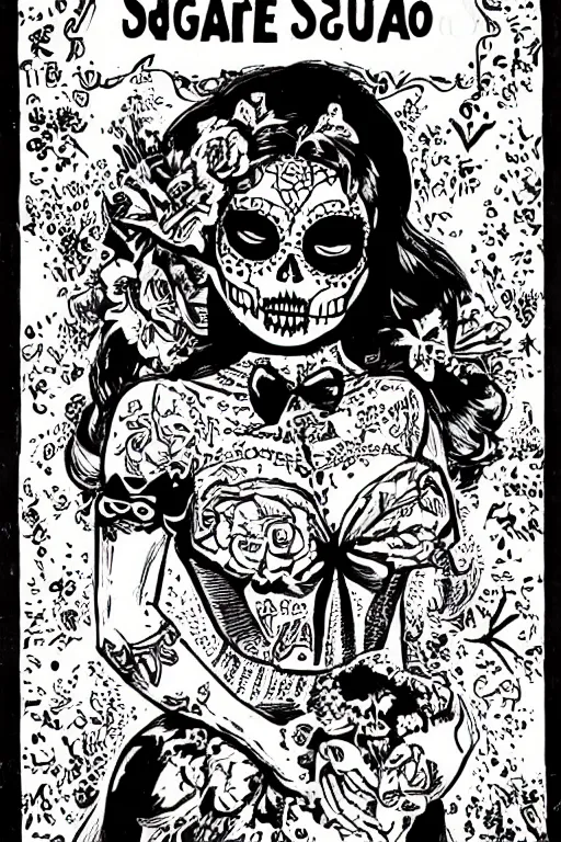 Image similar to illustration of a sugar skull day of the dead girl, art by steve ditko