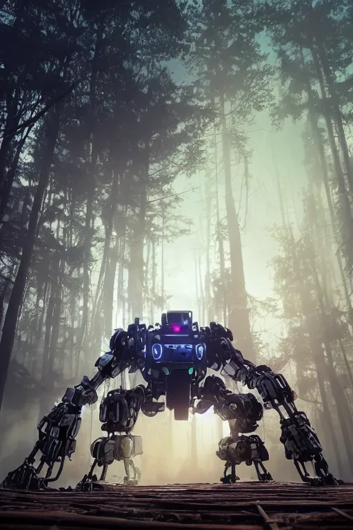 Prompt: giant wooden mecha, building futuristic giant wooden construction robot, organic wood, solarpunk, organic bioluminescent lights, dark forest canopy understory, cinematic lighting, sunset, octane render, 3 d pixar disney digital cgi rtx hdr painting, highly detailed, artstation cgsociety masterpiece, by syd mead, greg rutkowski, wlop, artger