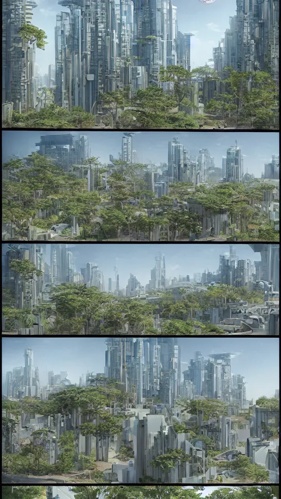 Prompt: 5 - panel comic page about visitors to sustainable futuristic building in a urban setting. ultrarealistic matte painting in style of moebius. the building has many deep and tall balconies covered in plants and trees. thin random columns, large windows, deep overhangs. plants hang from balconies. greeble articulated details with plants. 8 k, uhd.