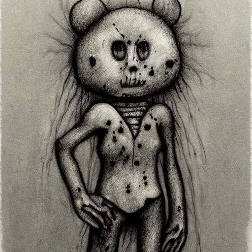 Prompt: grunge drawing of a cartoon teddy bear by - Zdzisław Beksiński , corpse bride style, horror themed, detailed, elegant, intricate