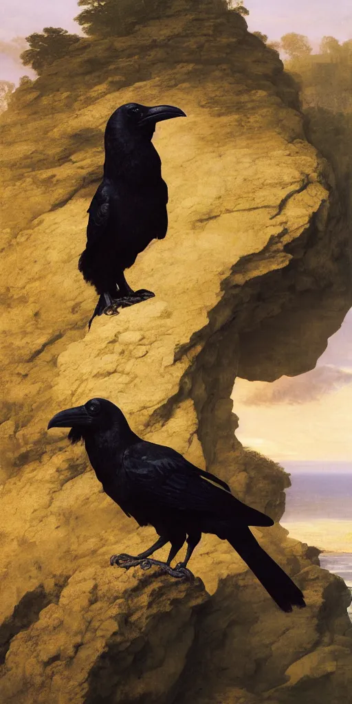 Image similar to a breathtakingly stunningly beautifully highly detailed close up portrait of a raven under a rock arch, epic coves crashing waves plants, beautiful clear harmonious composition, wonderful strikingly beautiful serene sunset, detailed organic textures, by frederic leighton and rosetti and turner and eugene von guerard, 4 k