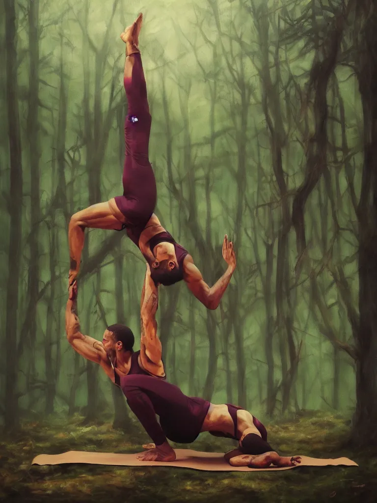 Prompt: lebron james doing yoga in the forest, epic dark fantasy horror stylized oil painting by ivan shiskin. trending on artstation