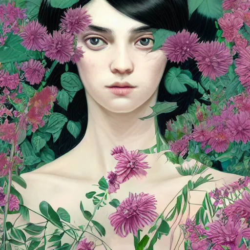 Prompt: highly detailed portrait of a beautiful girl, endless black hair with pale skin, fibonacci fragile, surrounded by leaves and flowers by james jean, by victo ngai, 4 k resolution, trending on artstation, very very detailed, masterpiece, stunning