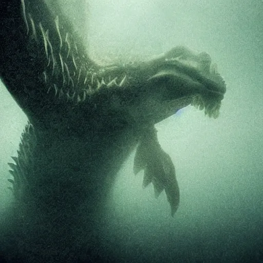 Image similar to sea monster about to eat pov underwater, pale skin, dark yellowish water, foggy water, dark, dramatic,'silent hill ', big eyes, alluring and terrifying, cinematic