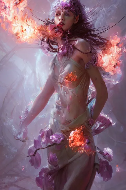 Prompt: beautiful girl necromancer, witch - doctor exploding into flowers fire crystal dress, angels, 3 d render, hyper - realistic detailed portrait, holding fire and electricity, ruan jia, wlop. scifi, fantasy, magic the gathering, hyper detailed, octane render, concept art by artgerm, peter mohrbacher