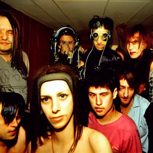 Prompt: a group of cyberpunk people hanging out in a dirty hotel room, 1990s photograph