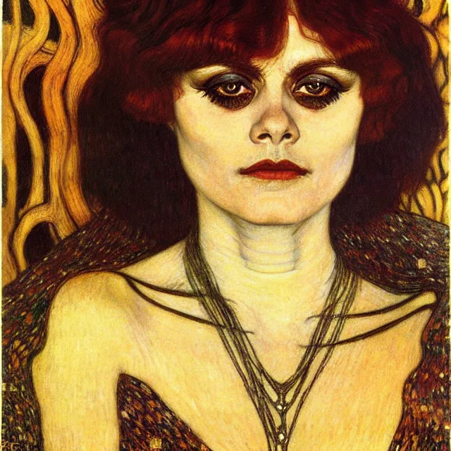 Image similar to detailed realistic theda bara face portrait by jean delville, gustav klimt and vincent van gogh, art nouveau, symbolist, visionary, gothic, pre - raphaelite, muted earthy colors, desaturated