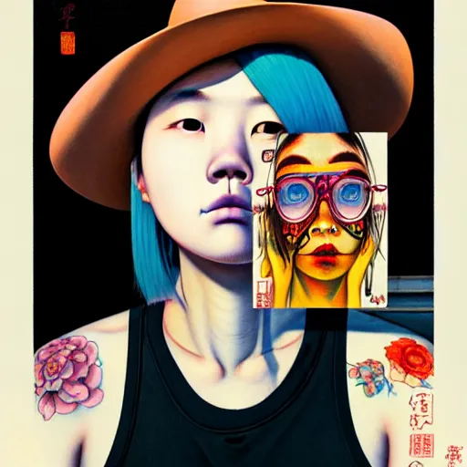 Image similar to full view of taiwanese girl with tattoos, wearing a cowboy hat, style of yoshii chie and hikari shimoda and martine johanna and edward hopper and james gilleard and zdzislaw beksisnski, highly detailed