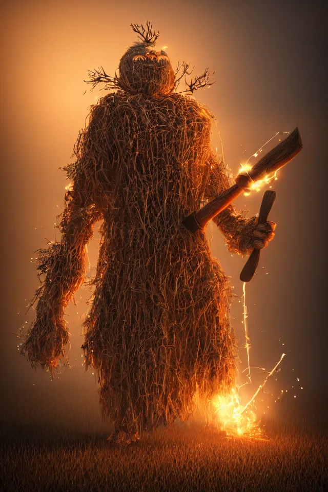 Prompt: beautiful octane render portrait of a big wooden scarecrow, floating particles, sparks, made of wood holding a very shiny metallic aluminium rustic axe, bokeh, soft focus, f 1. 8, unreal engine, particles, raytracing