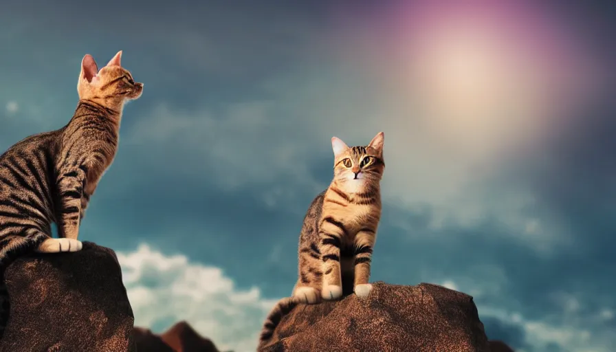 Image similar to a cat standing on the peak of a mountain, looking up, realistic, epic lighting, epic composition, 4 k