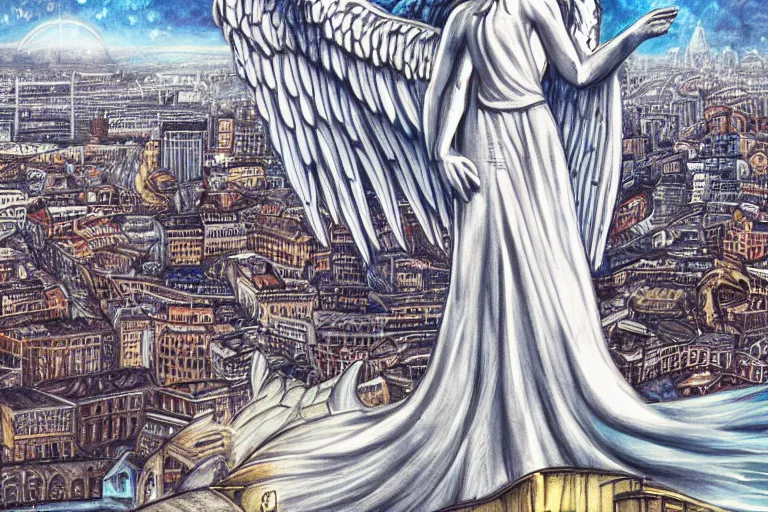 Image similar to angel, city detailed on background, art by wloop