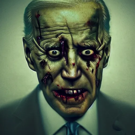 Image similar to joe biden as a rotting zombie, full body portrait, in a front of podeum, horror core, apocalyptic, feeling of grimdark, sharp focus, fiction, hyper detailed, digital art, trending in artstation, cinematic lighting, studio quality, smooth render, unreal engine 5 rendered, octane rendered, art style and nixeu and wlop and krenz cushart