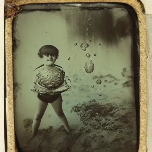 Image similar to tintype photo, swimming deep underwater, kid with huge crab