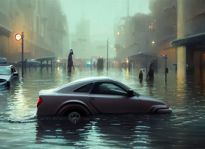 Image similar to cars driving through shallow water, flooded city, people walking through shallow water, muted colors, hyperrealistic, oil painting, intricate, cgsociety, artstation, 8 k, cinematic, soft lighting, by greg rutkowski, by wlop, by artgerm