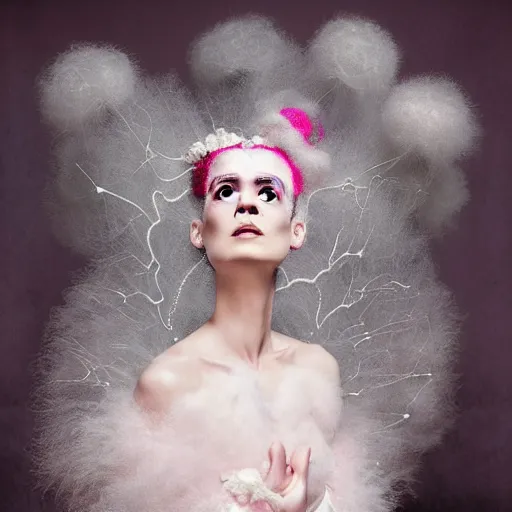 Prompt: portrait of an excitied bride of frankenstein with soft pink and white cotton fluffy balls floating in image, fashion photography, highly detailed, digital photography by jheronimus bosch and james jean and james rutkowski, fashion photography, stitches