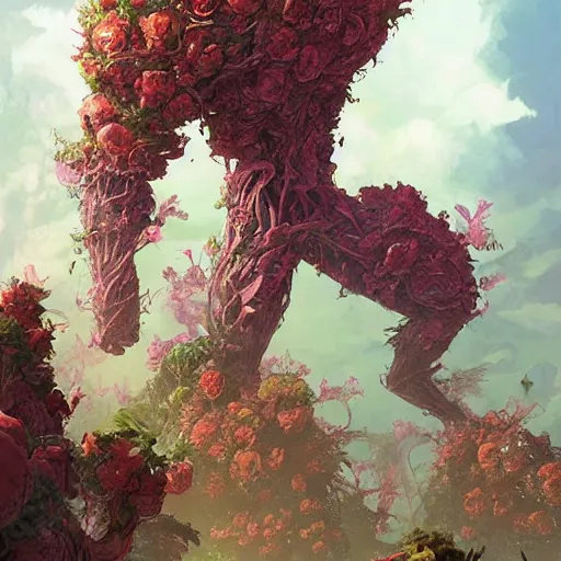 Image similar to an alien giant. A plant like alien made up of flowers, vines, and leaves. By Geoffroy Thoorens. Katsuhiro Otomo. Karlkka