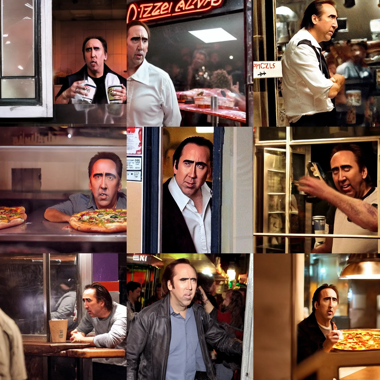 Prompt: Nicholas Cage trapped in pizzeria at night, photograph