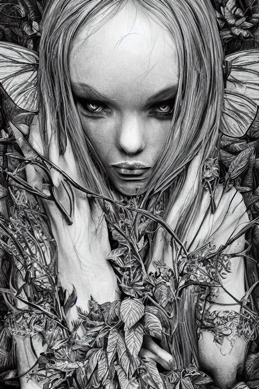 Image similar to plant fairy | digital painting | highly detailed | ultra realistic | dark fantasy | vivid colors | cinematic atmosphere | hyper detailed | black and white | strong lines