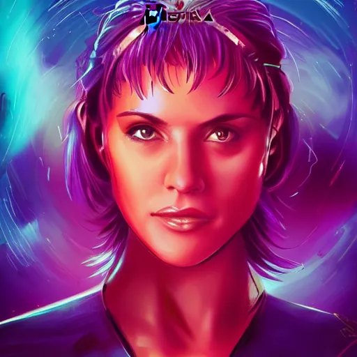 Prompt: portrait from xena the warrior princess, synthwave, universe background, nebula, galaxy, artstation