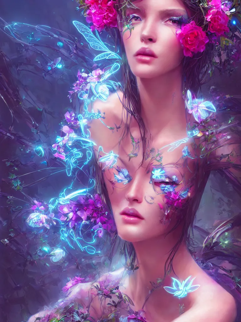 Image similar to half body portrait of a beautiful cyber fairy, in a cyberpunk garden, elegant pose, body covers with neon flowers, realistic digital art, artgerm, craig mullins, huang guangjian