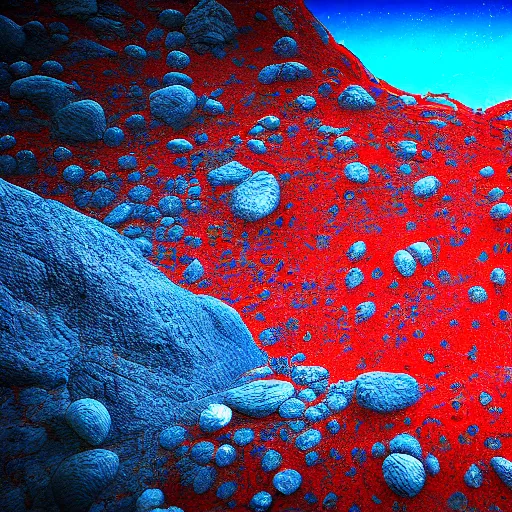 Image similar to a strange alien landscape, realistic, rocky, red and blue, blue particles, strange red particles, strange, alien - - style, realistic, landscape, depth, movie lightning, realistic epic shaders, landscape