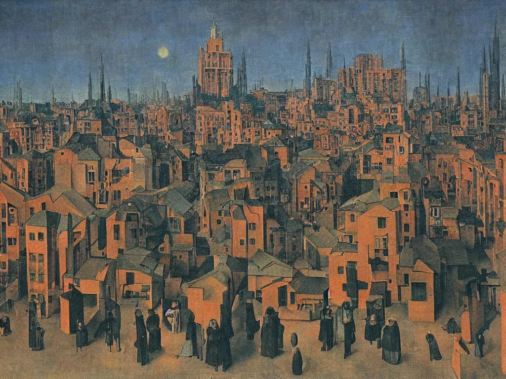 Image similar to The periphery, Communist neighborhood in the afternoon. Painting by Jan van Eyck, Rene Magritte, Jean Delville, Max Ernst, Beksinski