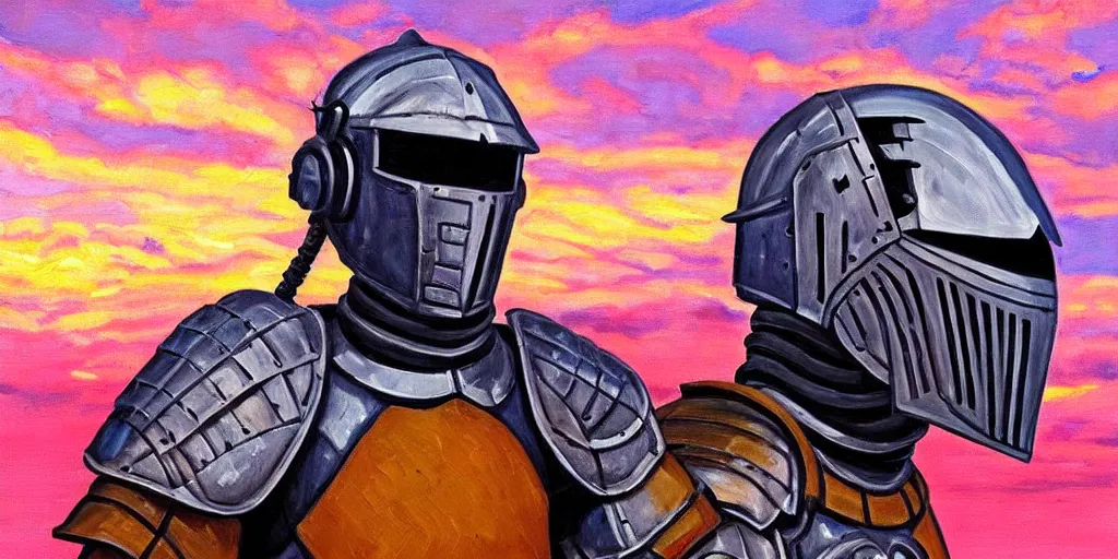 Prompt: a armored knight, wearing modern headphone standing in foreground, oil painting of a cummulonimbus cloud on a pink sunset by erin hanson