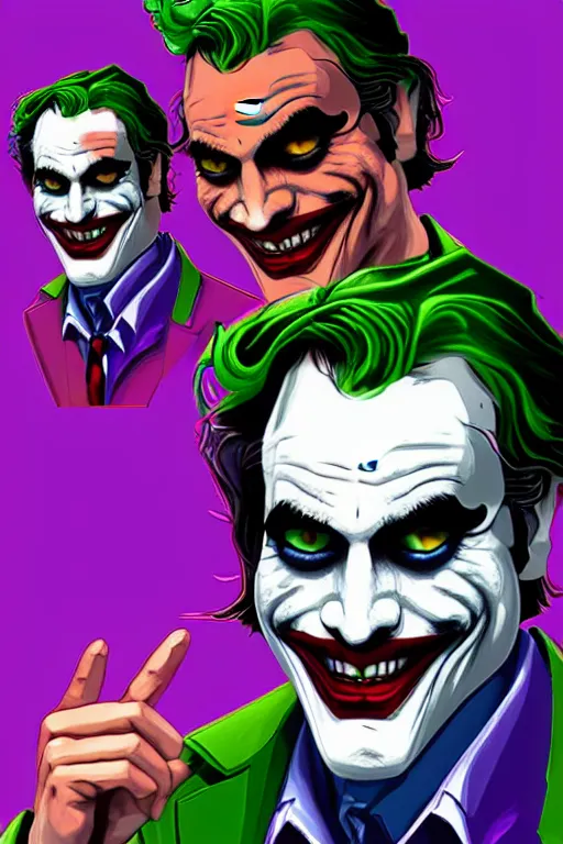 Image similar to new joaquin phoenix joker comic panel, remove duplicate content!!!!, violet polsangi pop art, gta chinatown wars art style, bioshock infinite art style, incrinate, realistic anatomy, hyperrealistic, green and purple color, white frame, content balance proportion