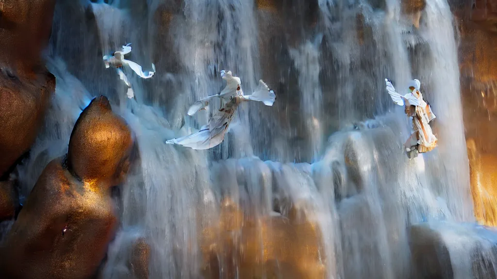 Image similar to a flying ghost!!! made of wax and water in a waterfall, close up, hyperdetailed, artstation, cgsociety, golden hour 8k