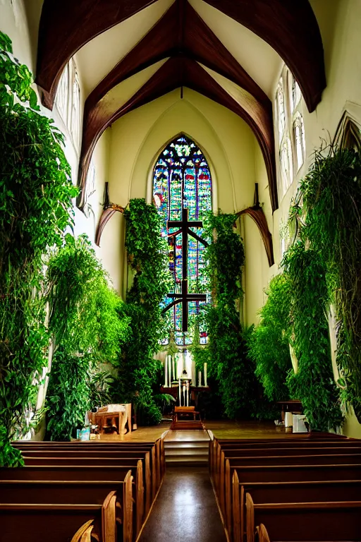 Image similar to photo inside a church overgrown by lush plants, ornate