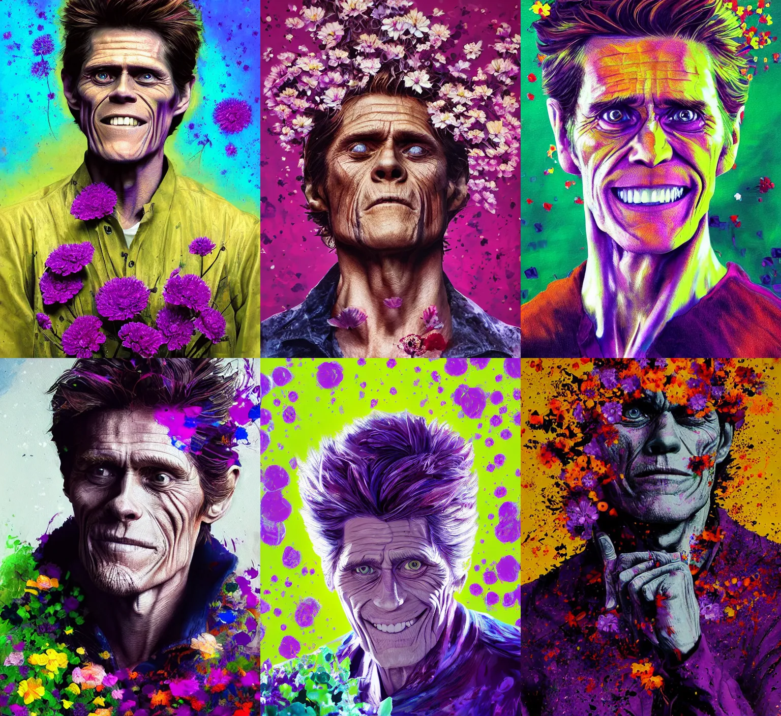 Prompt: a painting by artgerm of willem dafoe with flowers growing out, highly detailed, color bleeding, pixel sorting, plain purple background, studio lighting, high contrast, bold composition, abstract paint color splotches