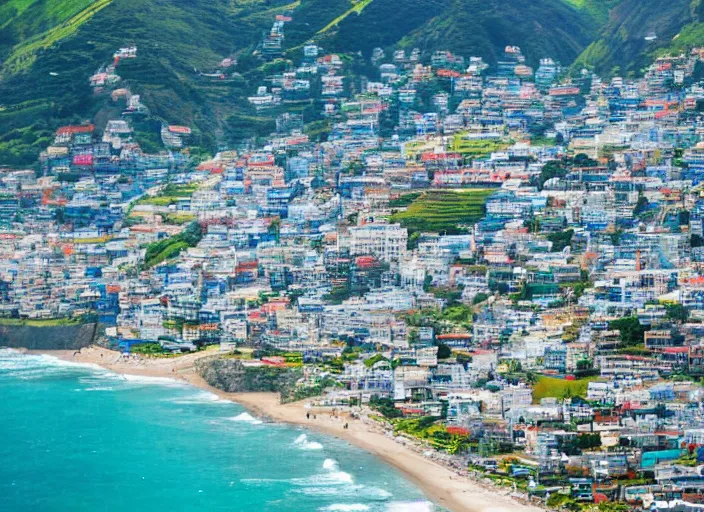 Prompt: down angled view of an anime seaside town, ocean, town, beach, hills