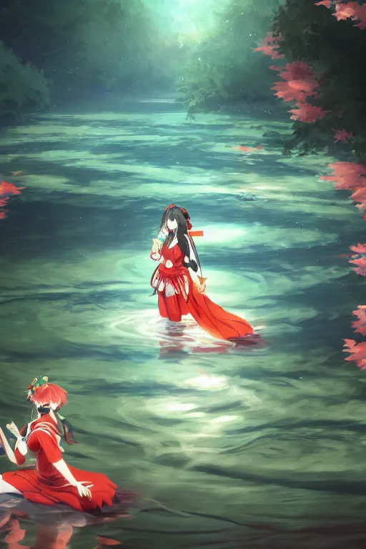 Image similar to hakurei reimu from touhou project floating on the water at night, plants, green and orange theme, s line, 4 5 angel by krenz cushart and mucha and makoto shinkai and akihito yoshida and greg rutkowski, 4 k resolution