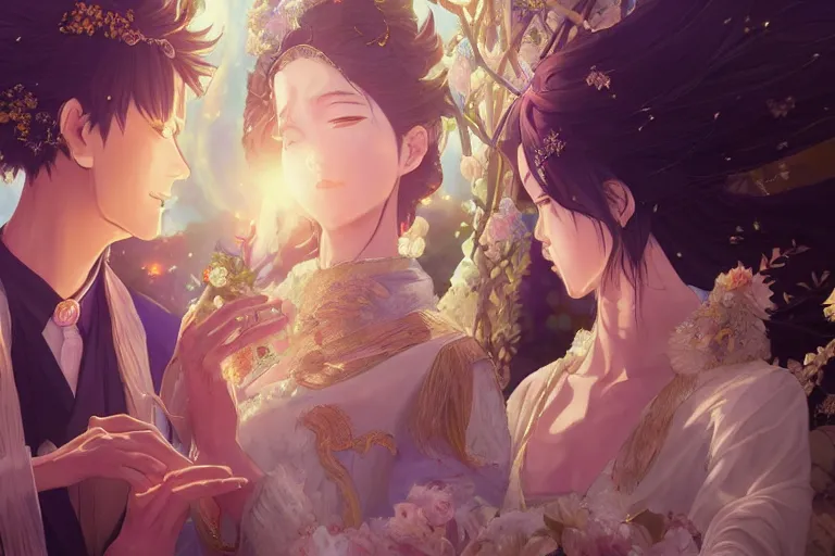 Image similar to a dreamlike portrait of wedding close up moment of a divine a japan sun god and moon goddess lovers magician at a wedding banquet. highly detailed, digital painting, fantasy wedding screen, 8 k realistic, hyper detailed, by makoto shinkai and akihiko yoshida and hidari and wlop