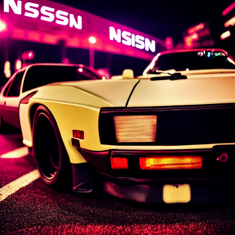 Prompt: close-up-photo Nissan S30 turbo illegal roadside night meet, deep dish work-wheels, Shibuya Shibuya, cinematic color, photorealistic, highly detailed night photography