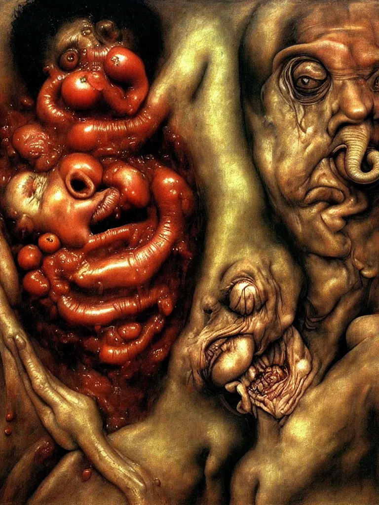 Image similar to a boy like eraserhead and elephant man sitting in a tub full of tomato sauce, looking straight into camera, screaming in desperation, by giuseppe arcimboldo and ambrosius benson, renaissance, fruit, fractal elements in play, intricate and intense oil paint, a touch of beksinski and hr giger and edward munch, realistic