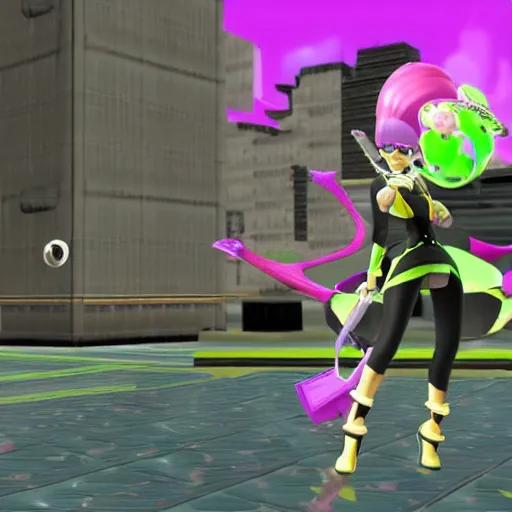 Image similar to 3 d game screenshot of bayonetta in splatoon, high detail, high resolution