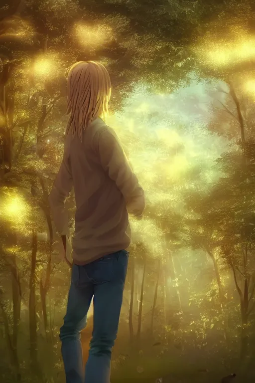 Image similar to pretty young man with long golden blond hair made of shiny and sparkling gold, demure, slender, back view, lost, trees, detailed forest background, webtoon, breathtaking scenery, colourful, 8 k, graphic novel, digital art trending on artstation, volumetric lighting, octane render, cinematic, hyper detailed, magical atmosphere, magical forest, anime