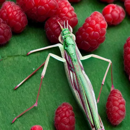 Prompt: photo mantis made out of raspberries -4