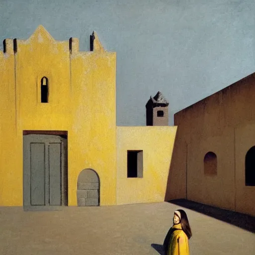 Image similar to in the distance, a little girl with short black hair and wearing a yellow coat alone in the inner courtyard of an abbey, there is a fantoin with a female face in the back, the light is bright and wintry, painting by hopper and de chirico