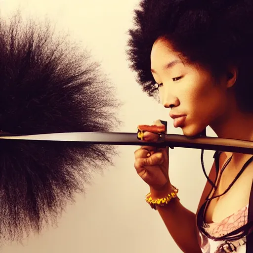Image similar to “ afro - asian female samurai unsheathing her blade. photograph. award winning. ”